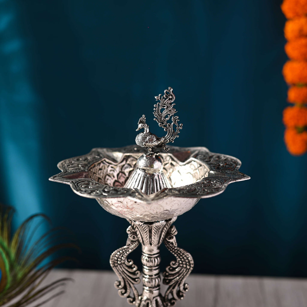 Brass Silver Plated Peacock Five Petal Samai / Lamp (10.5 INCH) Vedansh Craft