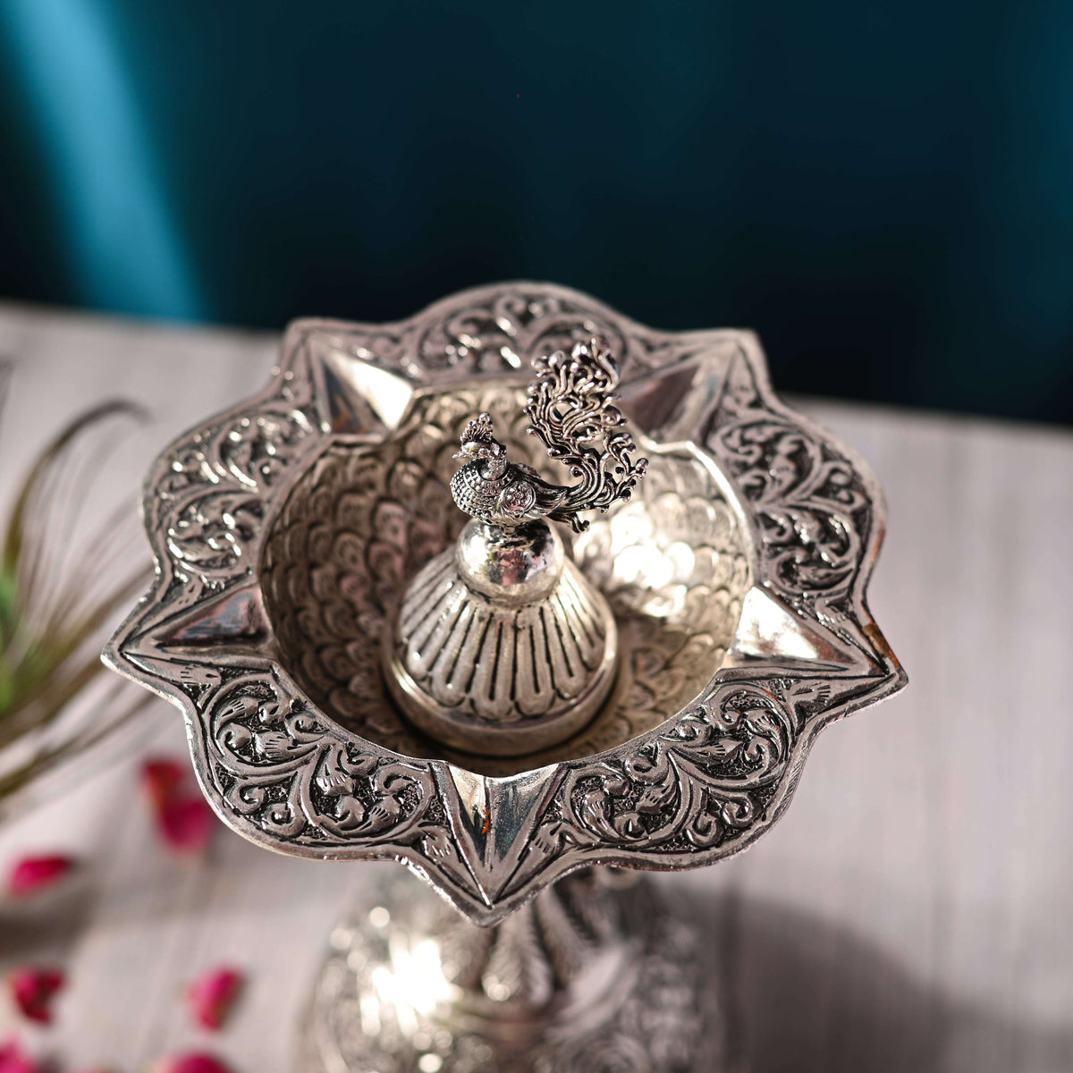 Brass Silver Plated Peacock Five Petal Samai / Lamp (10.5 INCH) Vedansh Craft