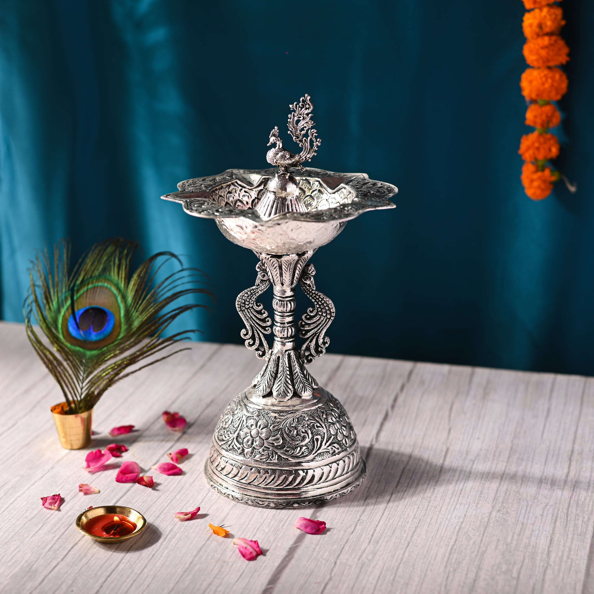 Brass Silver Plated Peacock Five Petal Samai / Lamp (10.5 INCH) Vedansh Craft