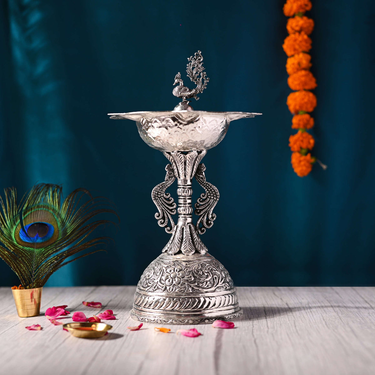 Brass Silver Plated Peacock Five Petal Samai / Lamp (10.5 INCH) Vedansh Craft