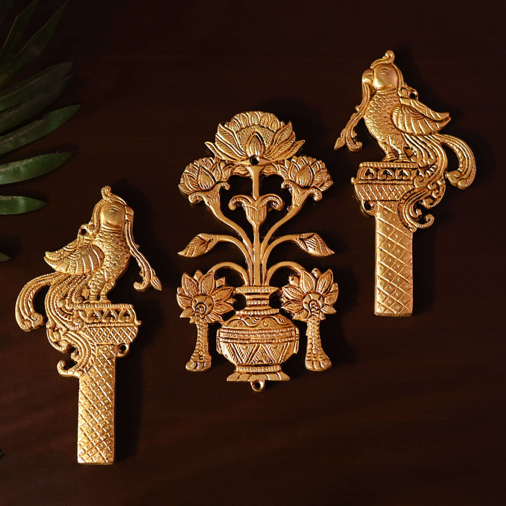 Brass Peacock & Lotus Kalash Wall Hanging Set (7.2 Inch) Vedansh Craft