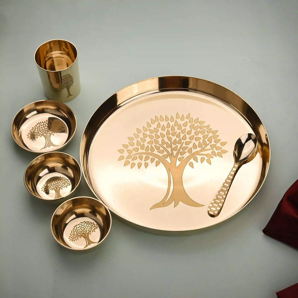 Pure Kansa/Bronze Thali/Dinner Set with Tree Design (1.65Kg) Vedansh Craft