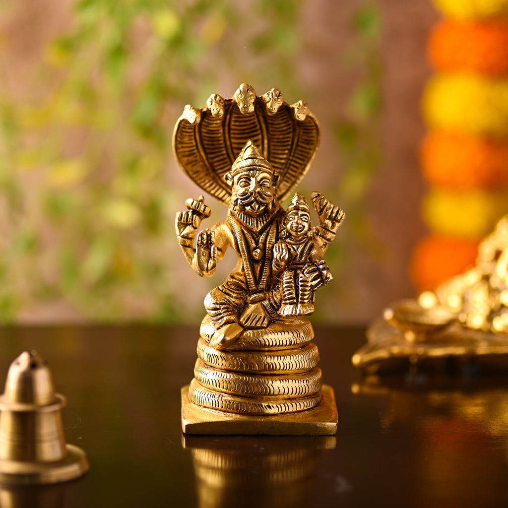 Brass Narasimbha Idol Sitting on Sheshnag – Handmade Brass Decor (5 Inch) Vedansh Craft