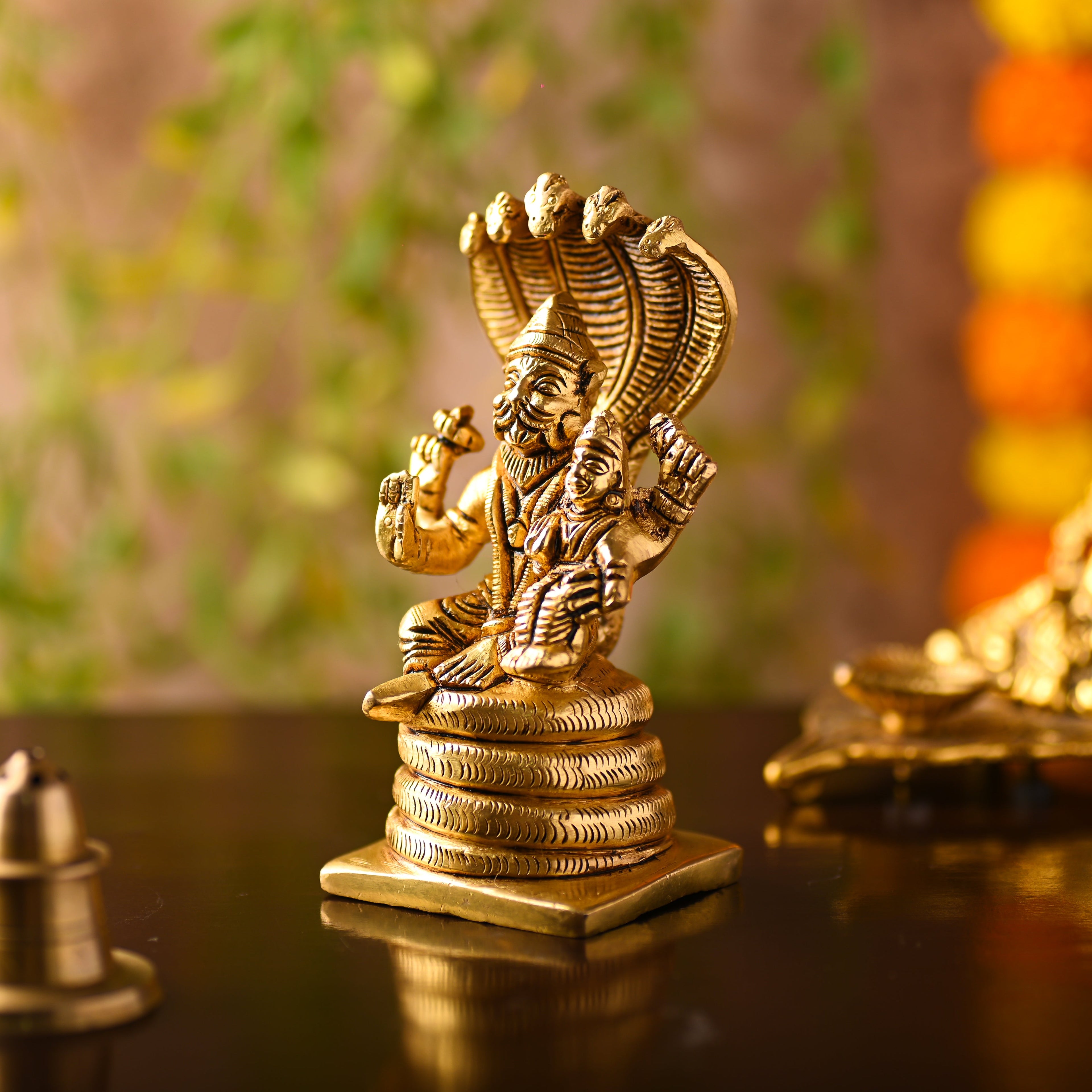 Brass Narasimbha Idol Sitting on Sheshnag – Handmade Brass Decor (5 Inch) Vedansh Craft
