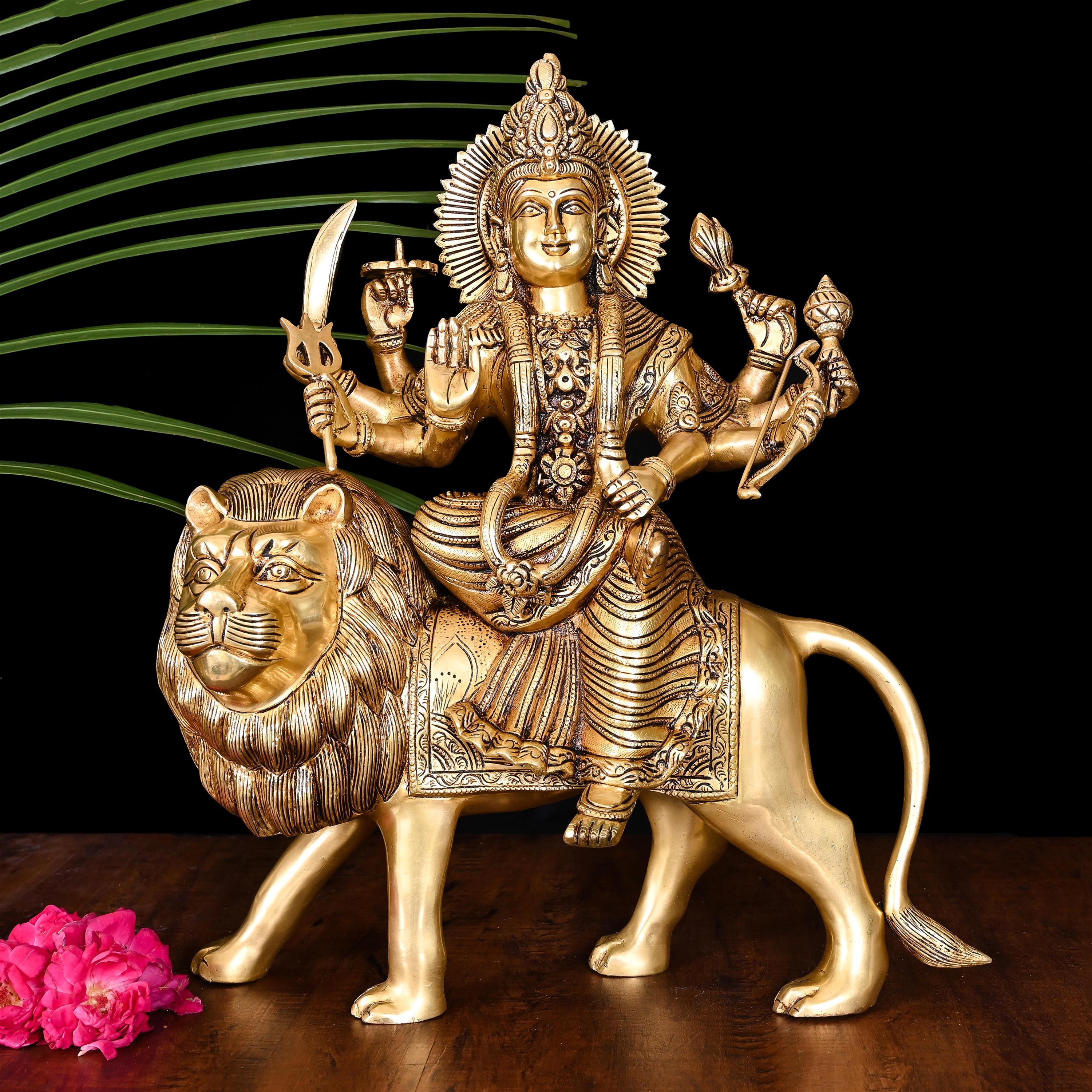 Brass Goddess Durga Sitting on Lion Superfine Idol (16.5 Inch) Vedansh Craft