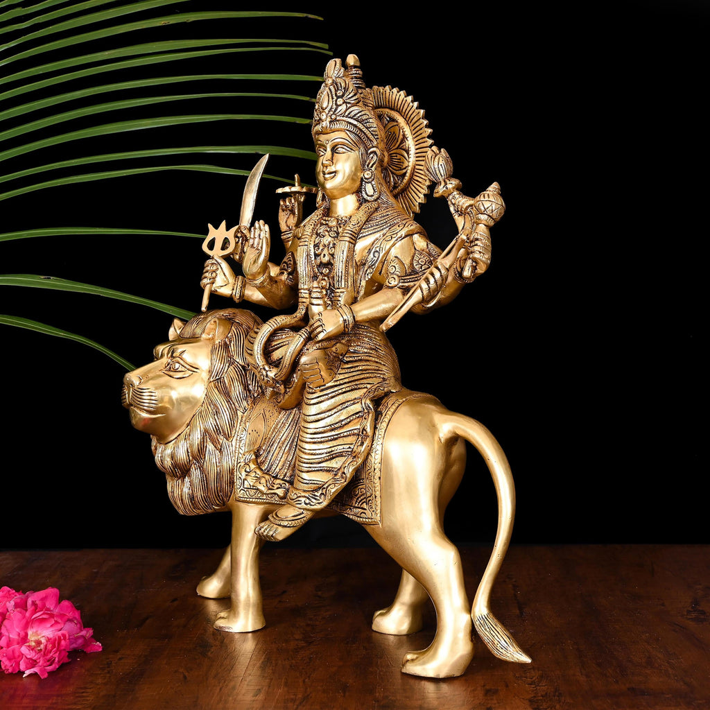 Brass Goddess Durga Sitting on Lion Superfine Idol (16.5 Inch) Vedansh Craft