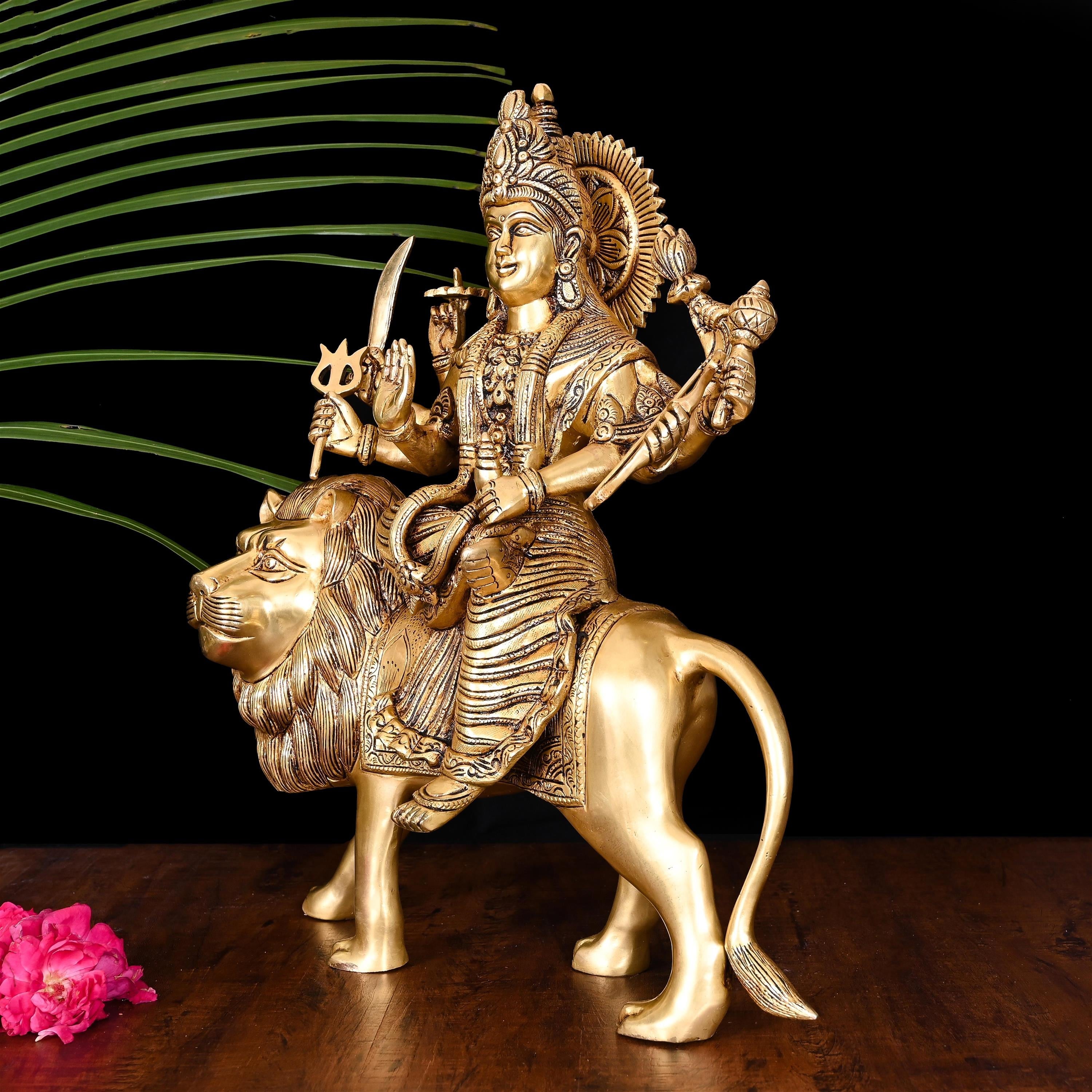 Brass Goddess Durga Sitting on Lion Superfine Idol (16.5 Inch) Vedansh Craft