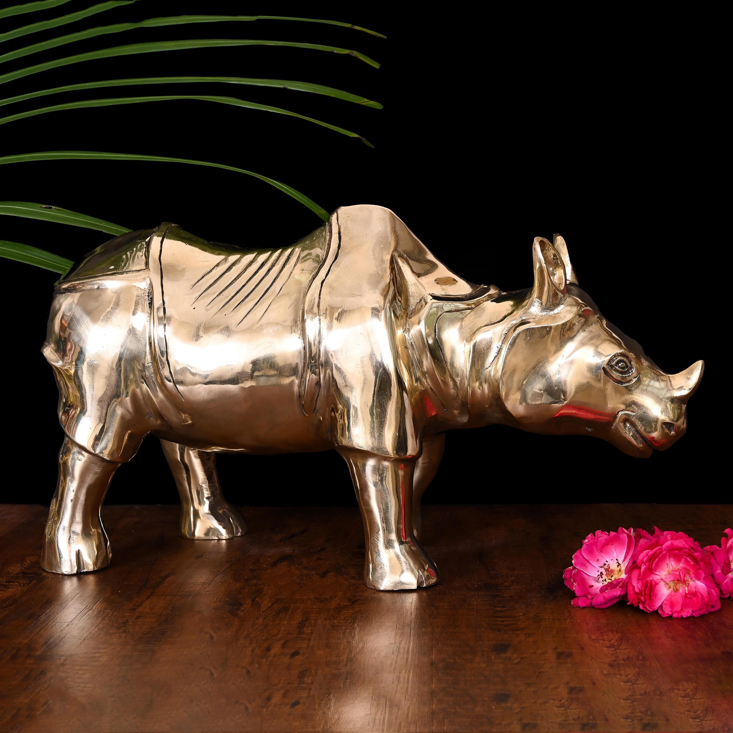 Brass Rhino Statue Figurine (10 Inch) Vedansh Craft
