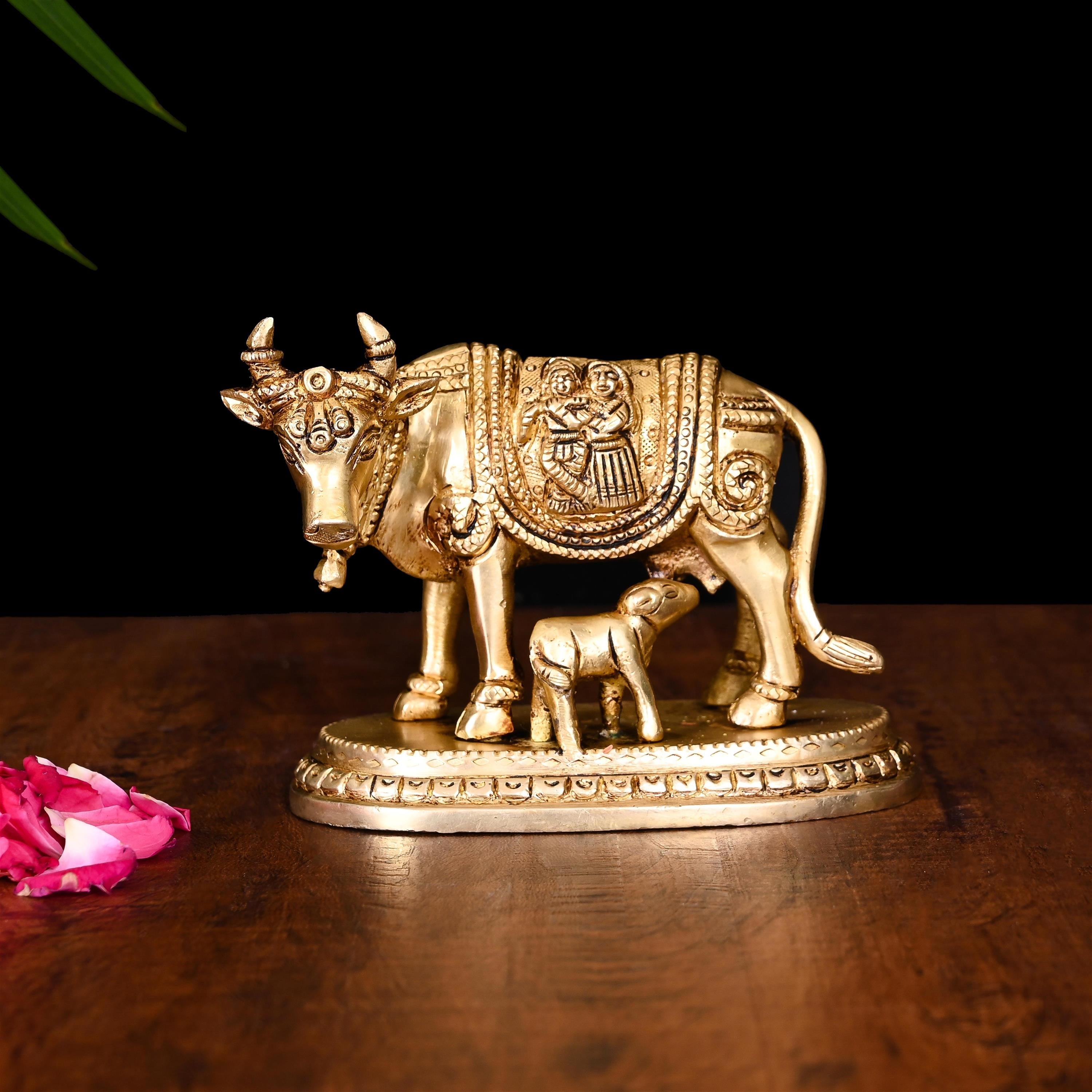Brass Kamdhenu Cow With Calf Idol (3.5 Inch) Vedansh Craft