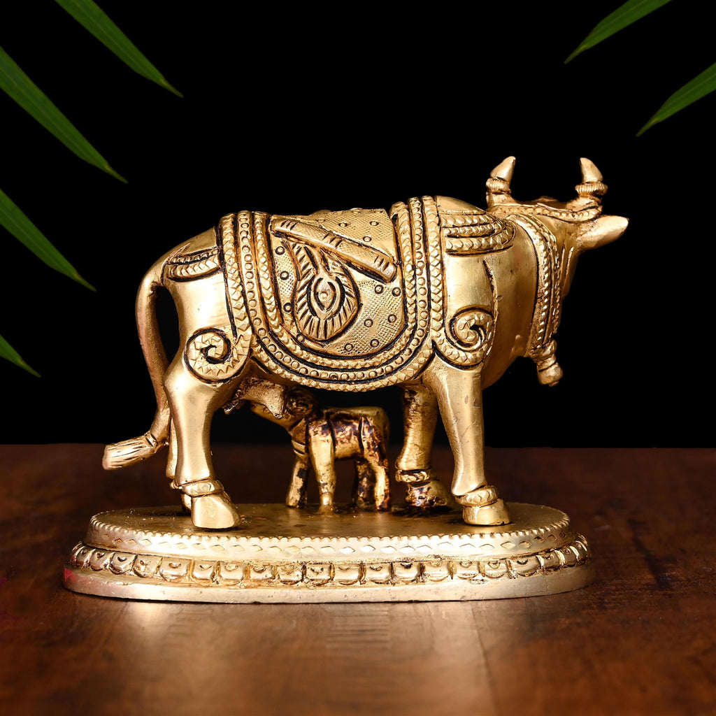 Brass Kamdhenu Cow With Calf Idol (3.5 Inch) Vedansh Craft
