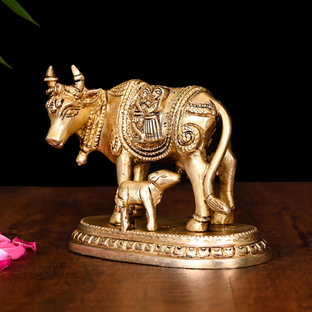 Brass Kamdhenu Cow With Calf Idol (3.5 Inch) Vedansh Craft