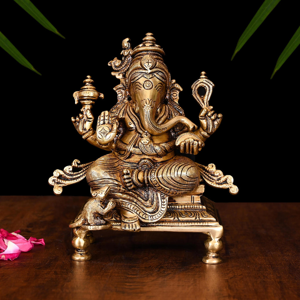 Brass Superfine Chowki Sitting Ganesha Idol (6.5 Inch) Vedansh Craft
