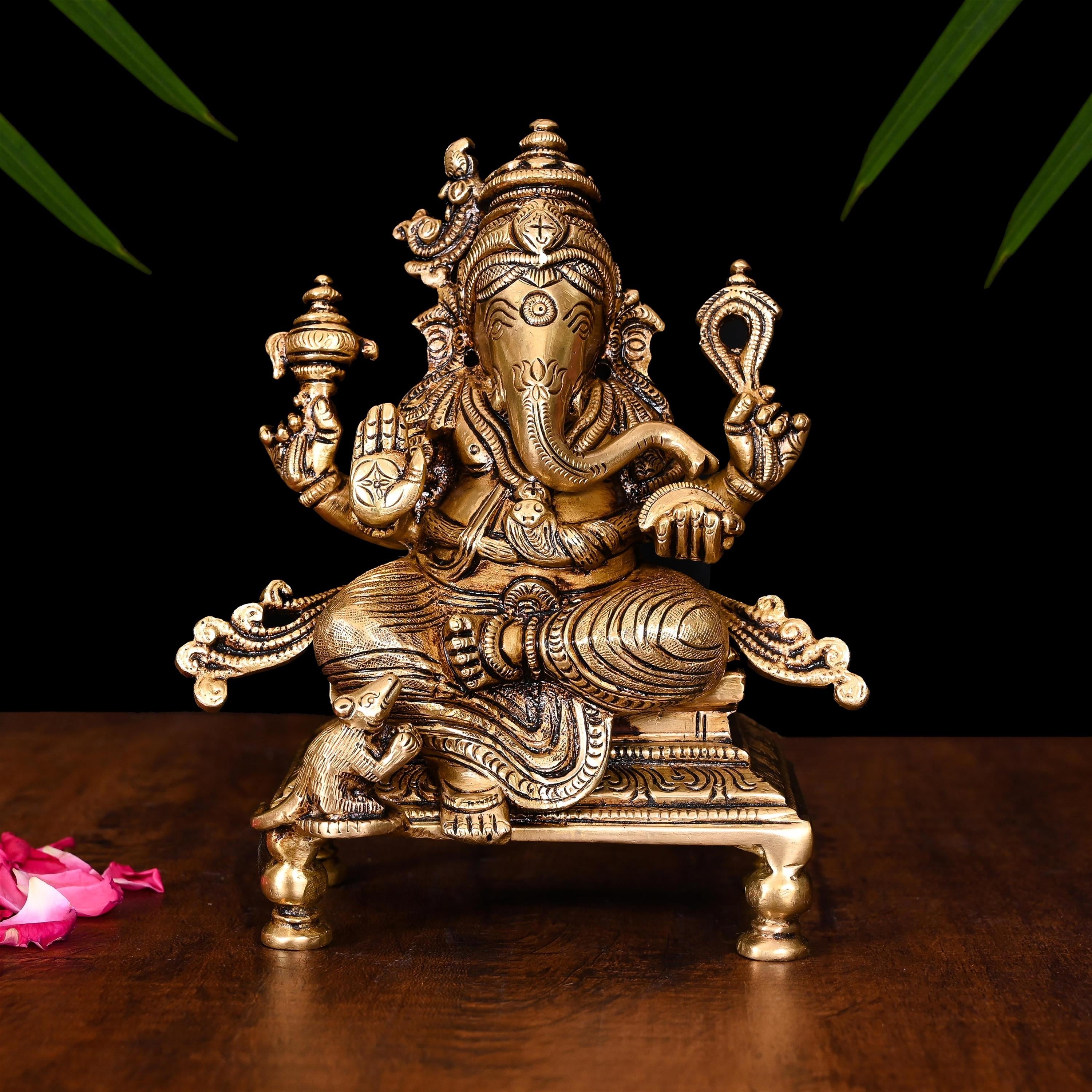 Brass Superfine Chowki Sitting Ganesha Idol (6.5 Inch) Vedansh Craft
