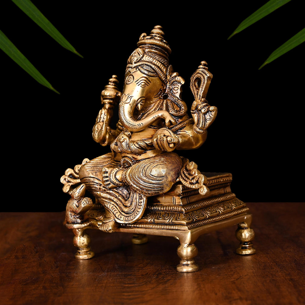Brass Superfine Chowki Sitting Ganesha Idol (6.5 Inch) Vedansh Craft