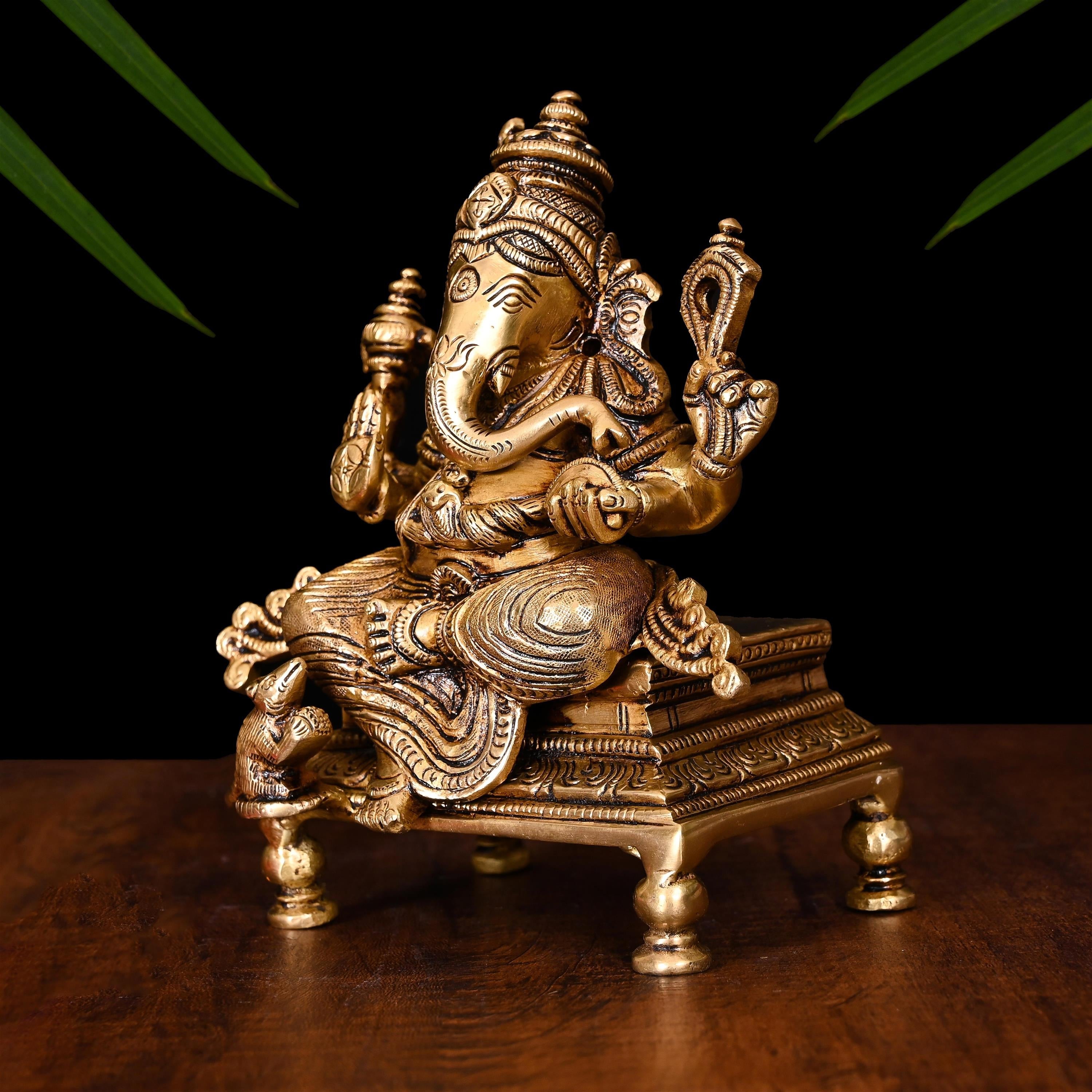 Brass Superfine Chowki Sitting Ganesha Idol (6.5 Inch) Vedansh Craft