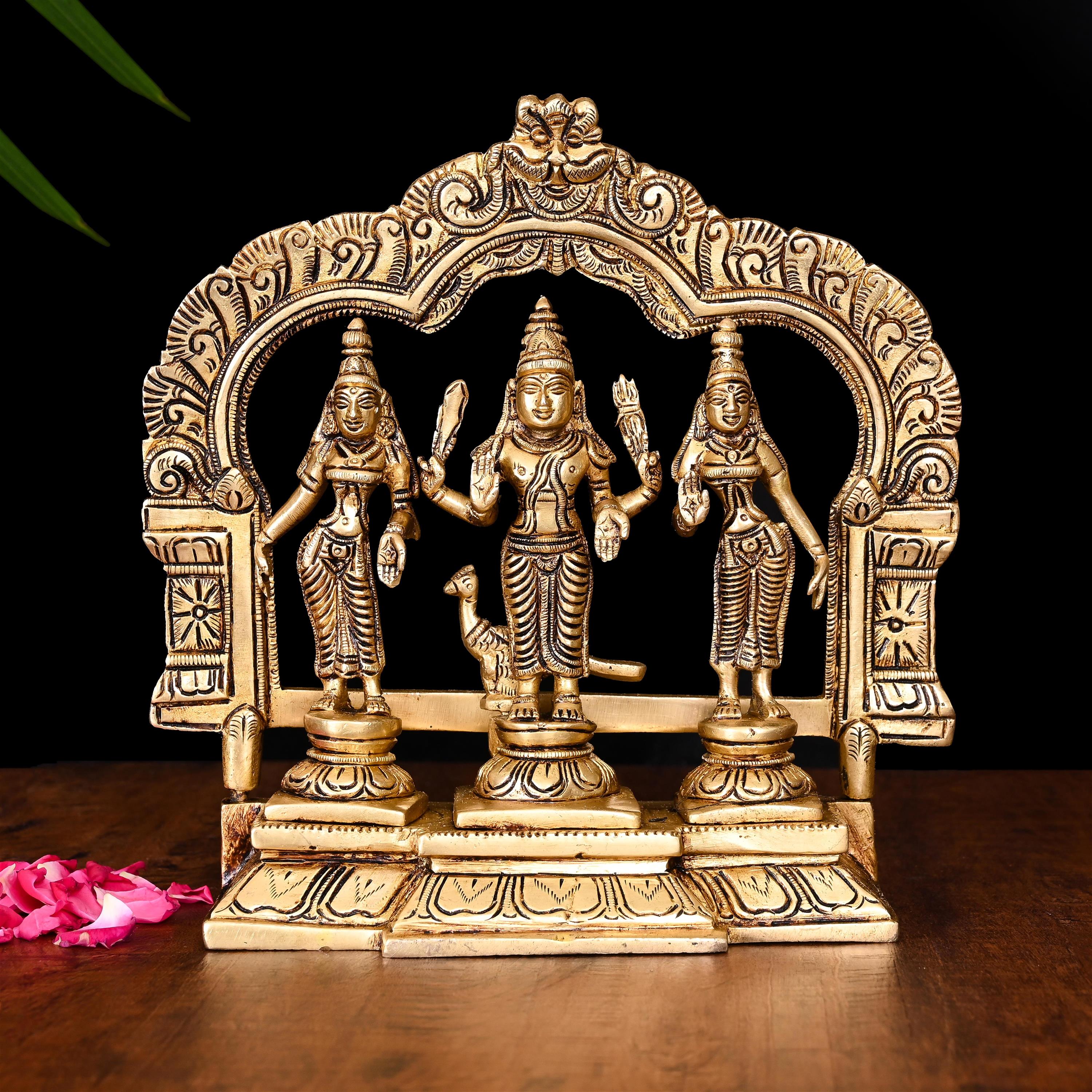 Brass Standing Lord Murugan With Devasena And Valli Idol Set (8.5 Inch) Vedansh Craft