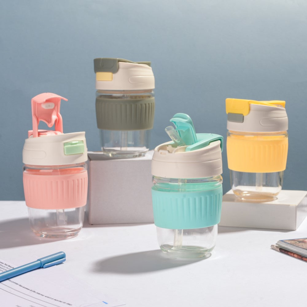 Glass Tumbler With Dual Flip Lid Grey 350ml Nestasia