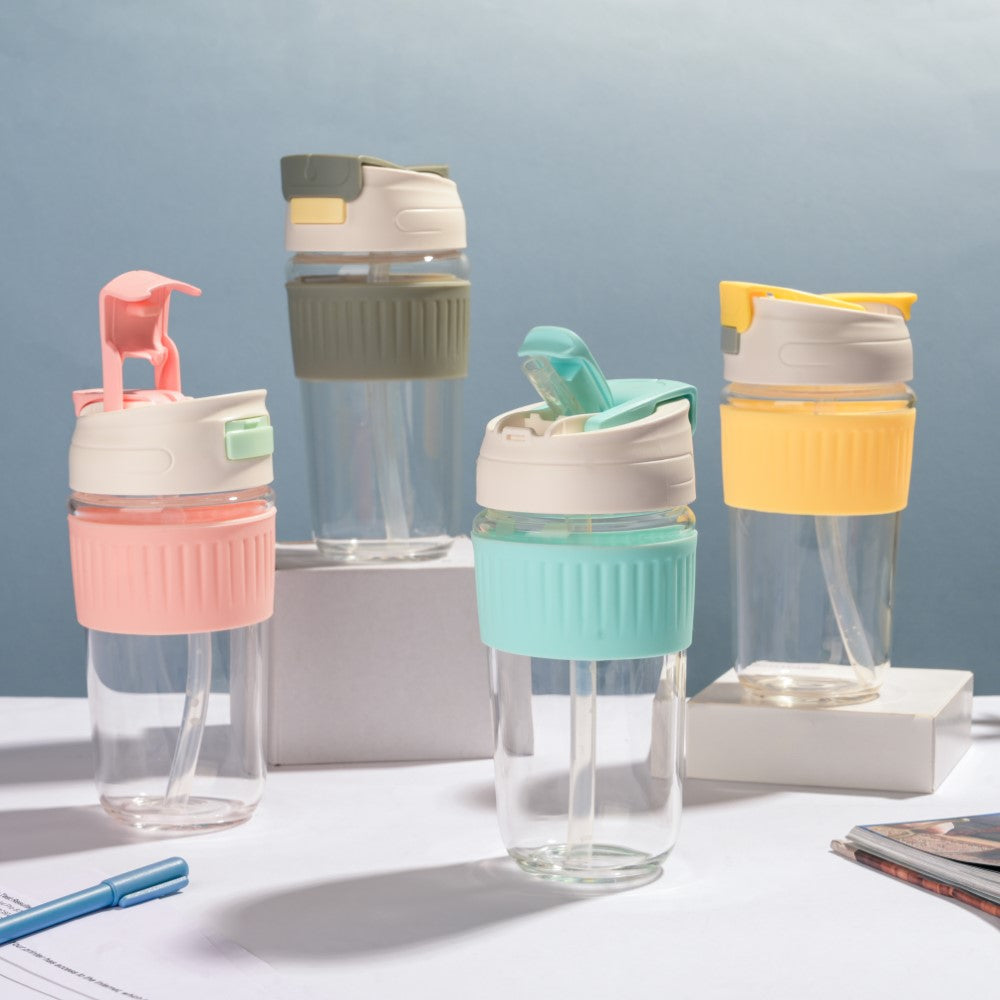 Glass Tumbler With Dual Flip Lid Grey 450ml Nestasia