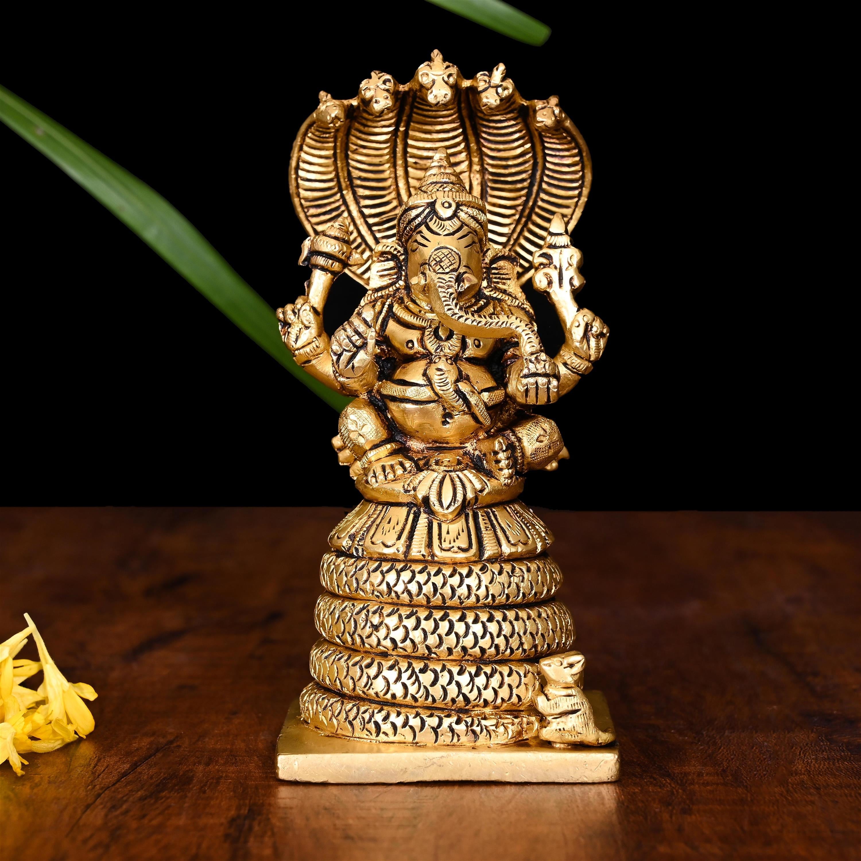 Brass Sitting Ganesha On Sheshnaag Idol (5 Inch) Vedansh Craft