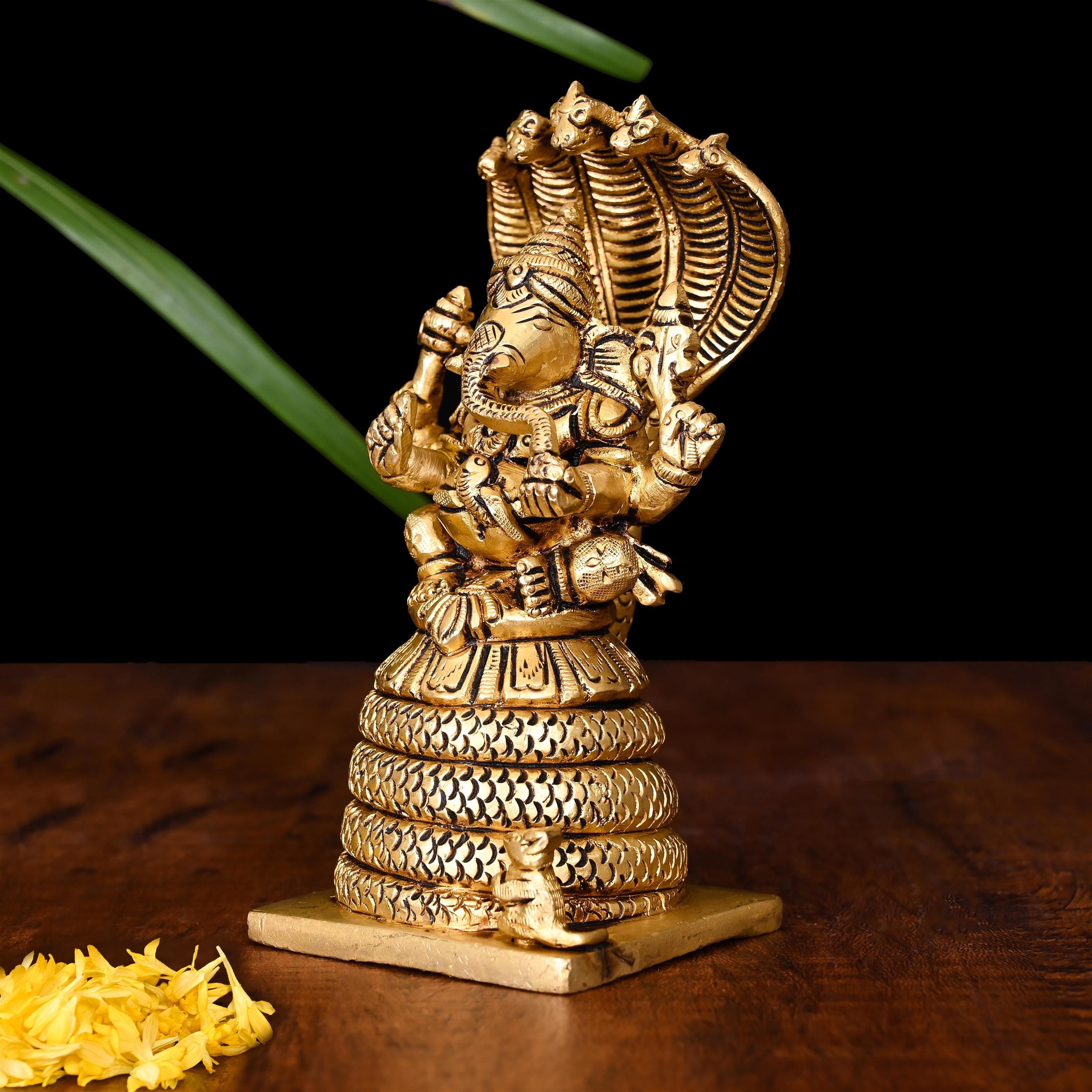 Brass Sitting Ganesha On Sheshnaag Idol (5 Inch) Vedansh Craft