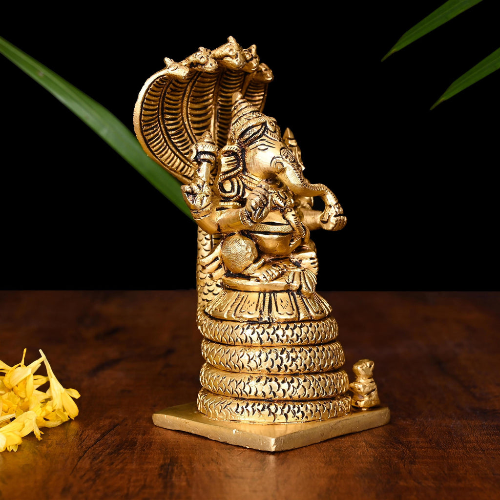 Brass Sitting Ganesha On Sheshnaag Idol (5 Inch) Vedansh Craft