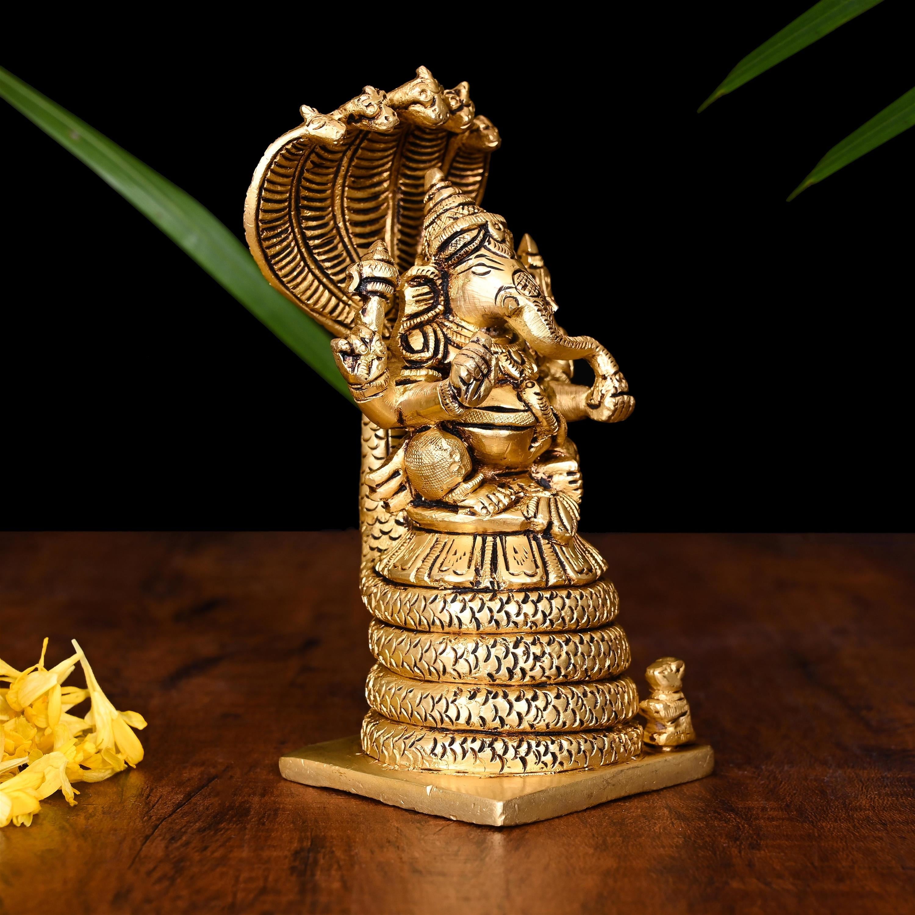 Brass Sitting Ganesha On Sheshnaag Idol (5 Inch) Vedansh Craft