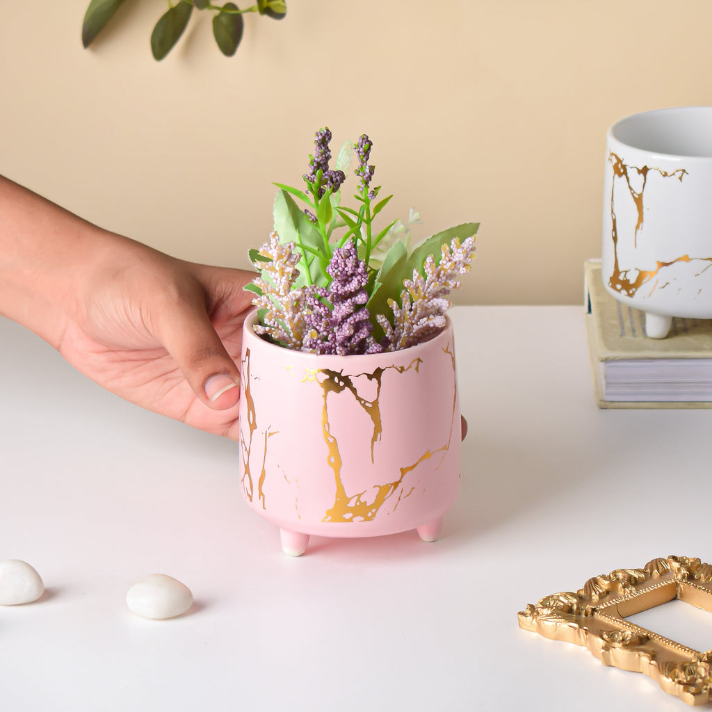 Halcyon Gold Pink Marble Ceramic Planter With Legs Small Nestasia