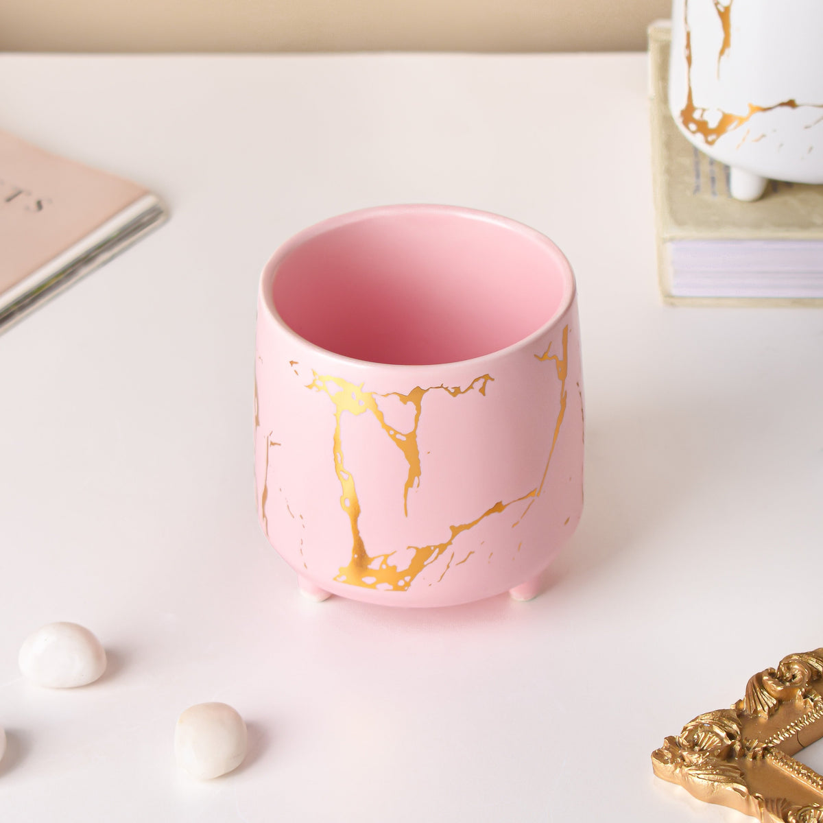 Halcyon Gold Pink Marble Ceramic Planter With Legs Small Nestasia