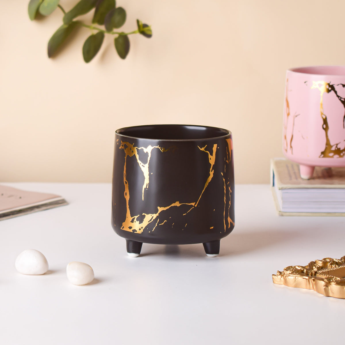 Halcyon Gold Black Marble Ceramic Planter With Legs Small Nestasia