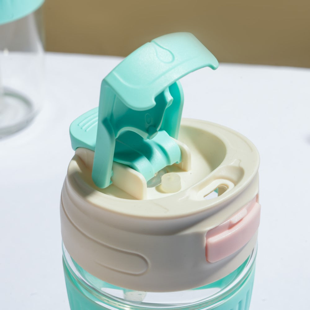 Glass Tumbler With Dual Flip Lid Blue 350ml Nestasia