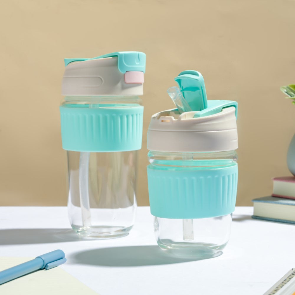 Glass Tumbler With Dual Flip Lid Blue 350ml Nestasia