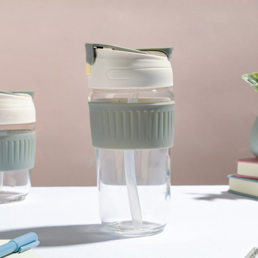 Glass Tumbler With Dual Flip Lid Grey 450ml Nestasia
