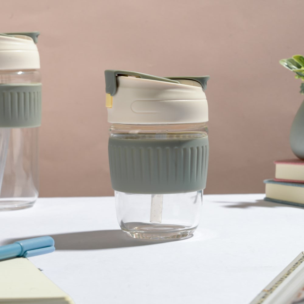 Glass Tumbler With Dual Flip Lid Grey 350ml Nestasia