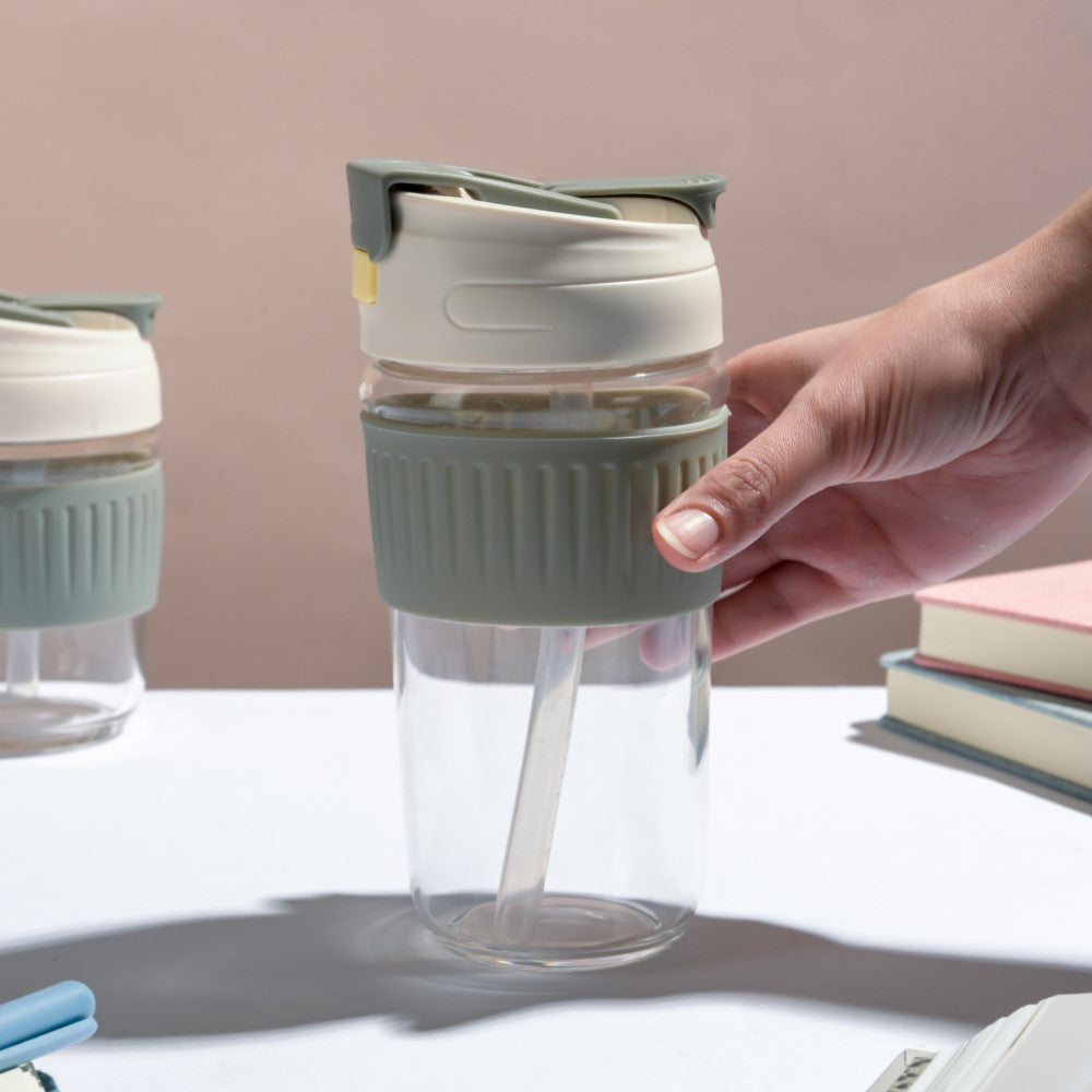 Glass Tumbler With Dual Flip Lid Grey 450ml Nestasia
