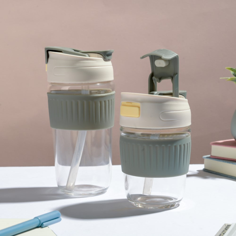 Glass Tumbler With Dual Flip Lid Grey 350ml Nestasia