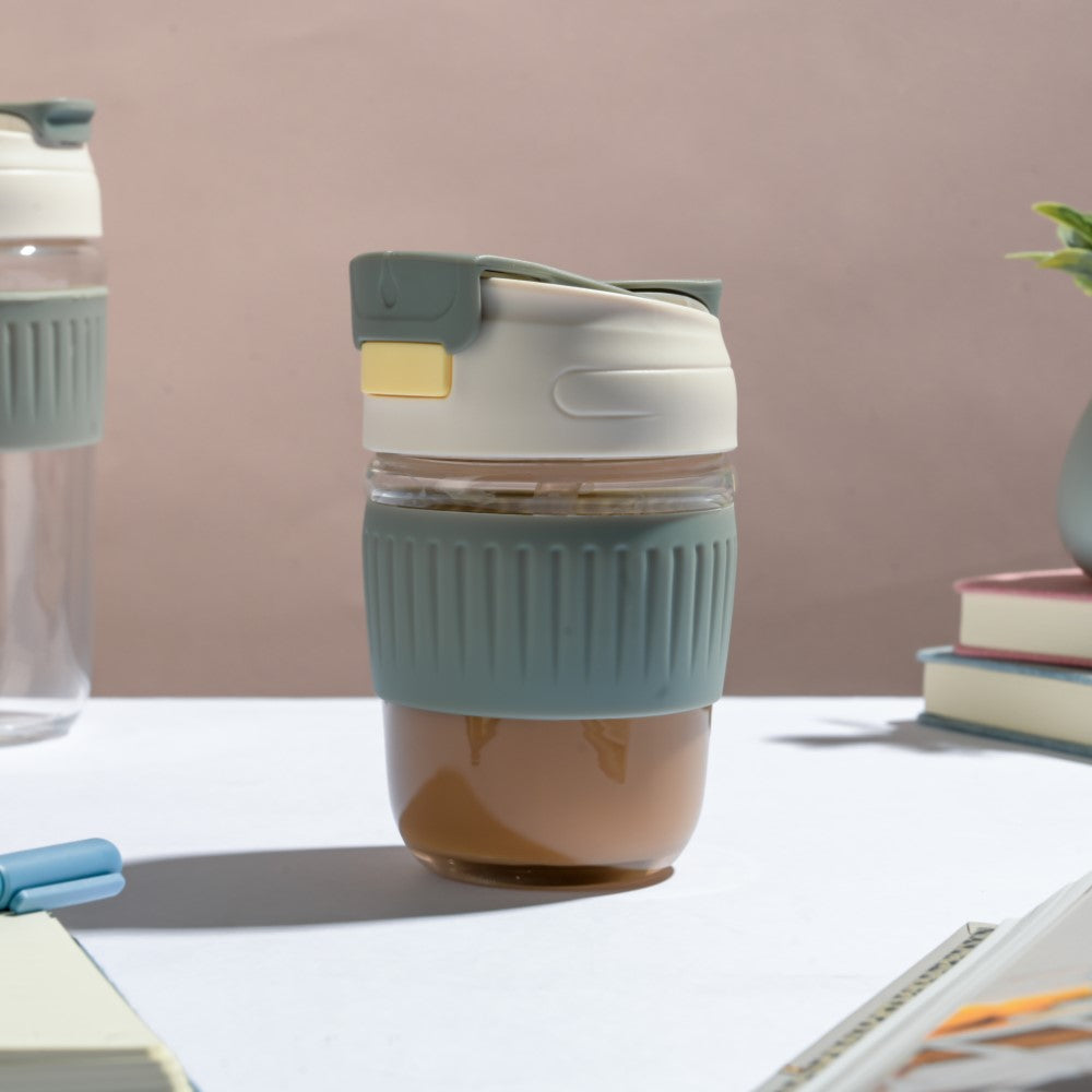 Glass Tumbler With Dual Flip Lid Grey 350ml Nestasia
