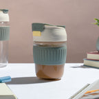 Glass Tumbler With Dual Flip Lid Grey 350ml Nestasia
