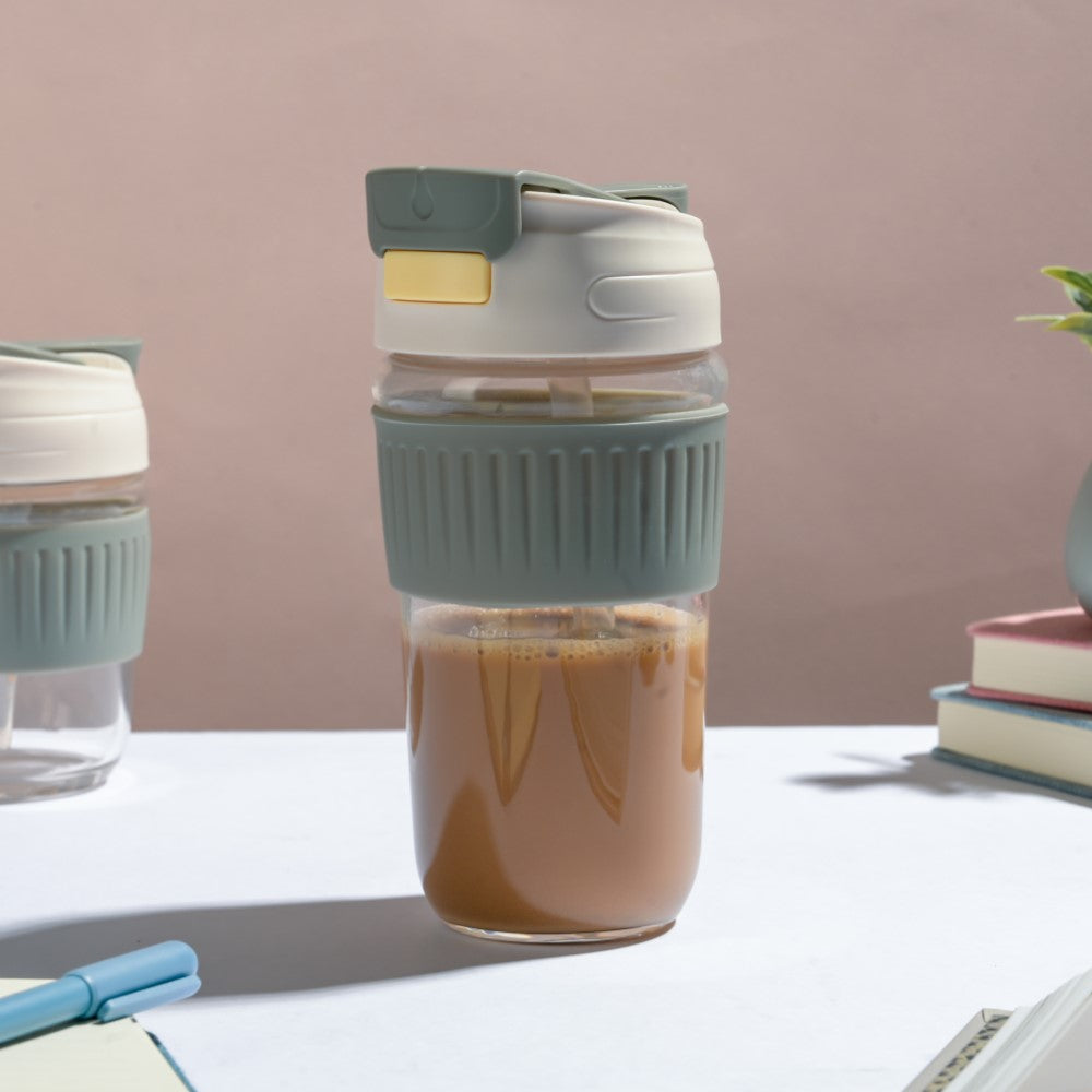 Glass Tumbler With Dual Flip Lid Grey 450ml Nestasia