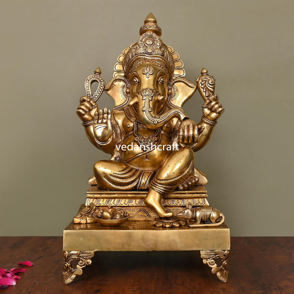 Brass Superfine Chowki Sitting Ganesha Idol (20 Inch) Vedansh Craft
