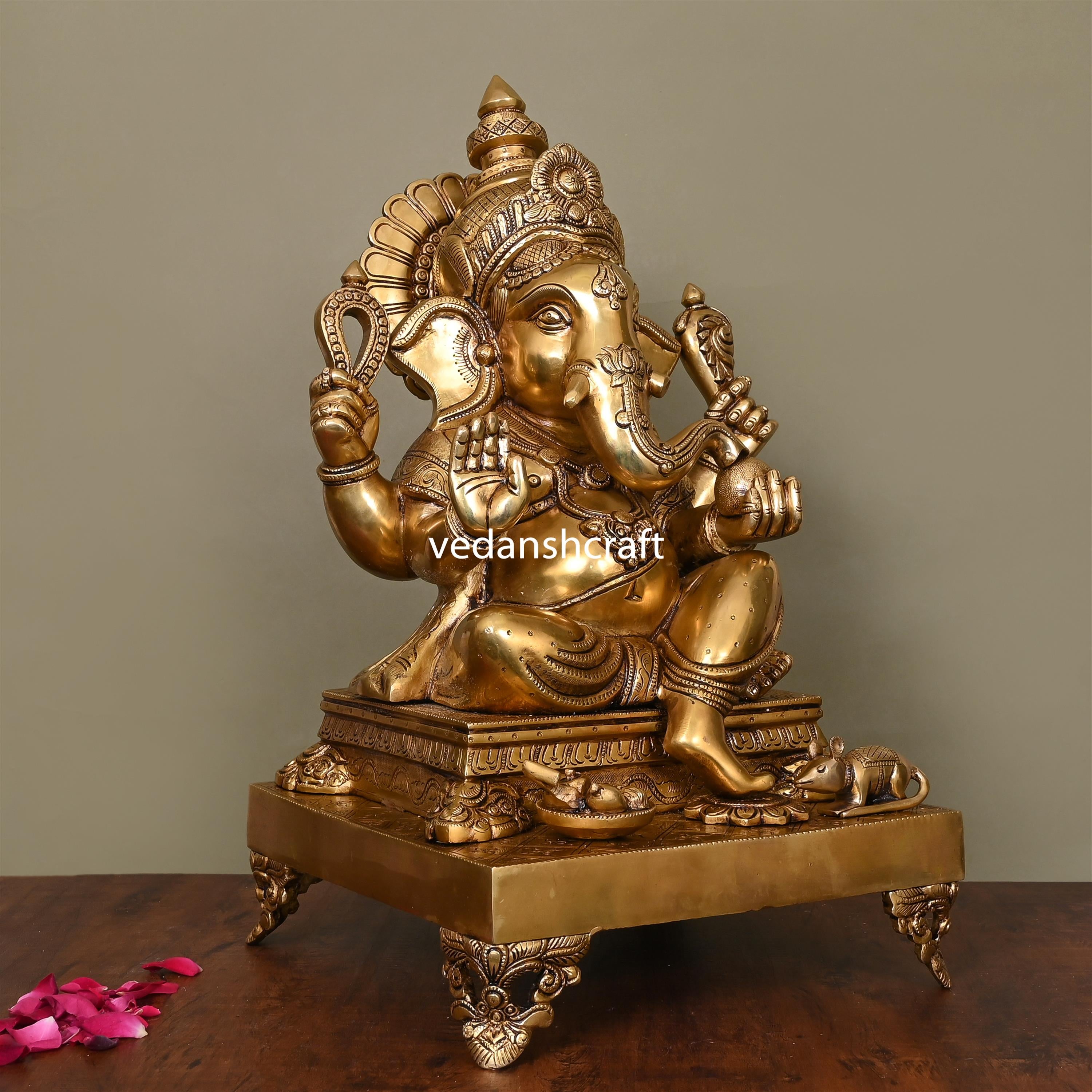 Brass Superfine Chowki Sitting Ganesha Idol (20 Inch) Vedansh Craft