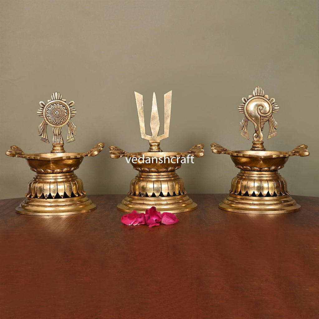 Brass Superfine Shankh Chakra And Namah Diya Set (9.5 Inch) Vedansh Craft