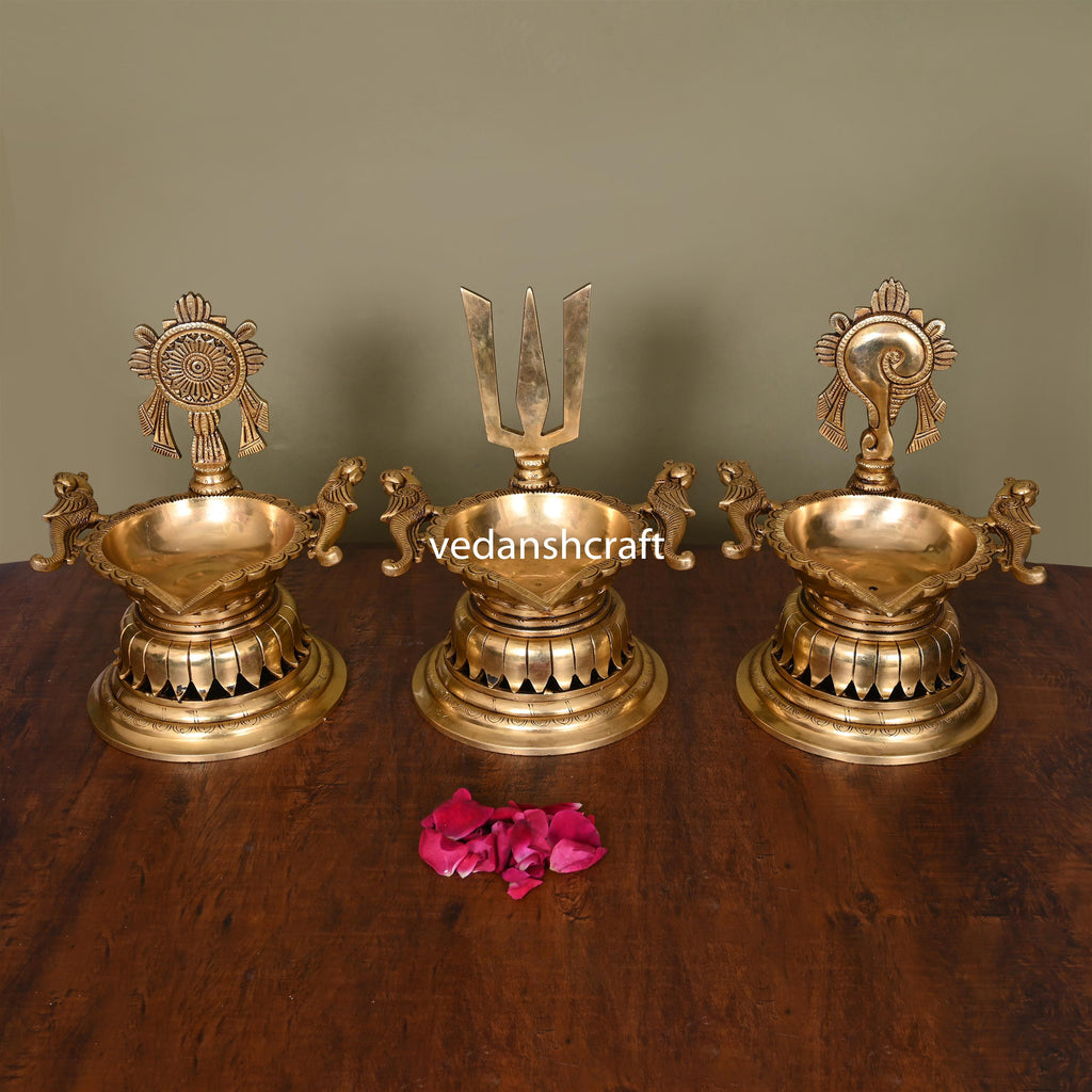 Brass Superfine Shankh Chakra And Namah Diya Set (9.5 Inch) Vedansh Craft