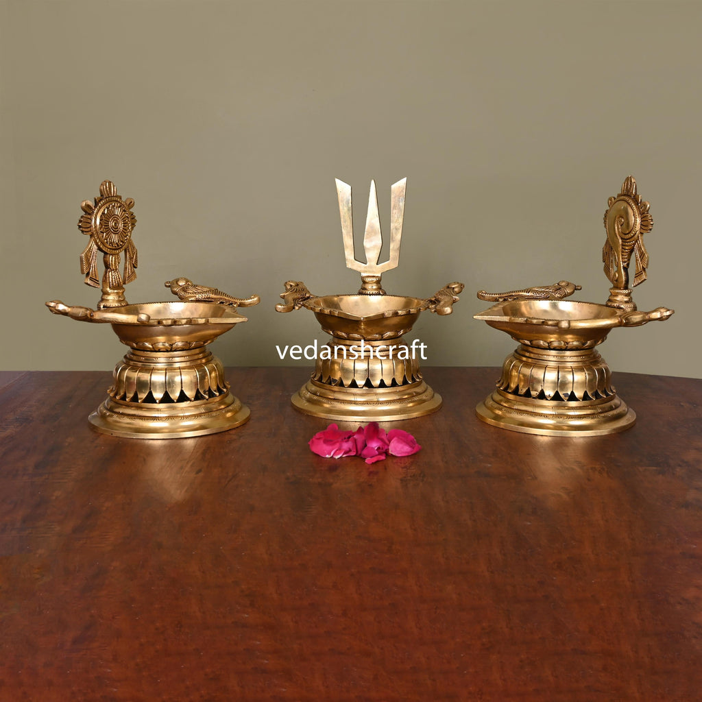 Brass Superfine Shankh Chakra And Namah Diya Set (9.5 Inch) Vedansh Craft