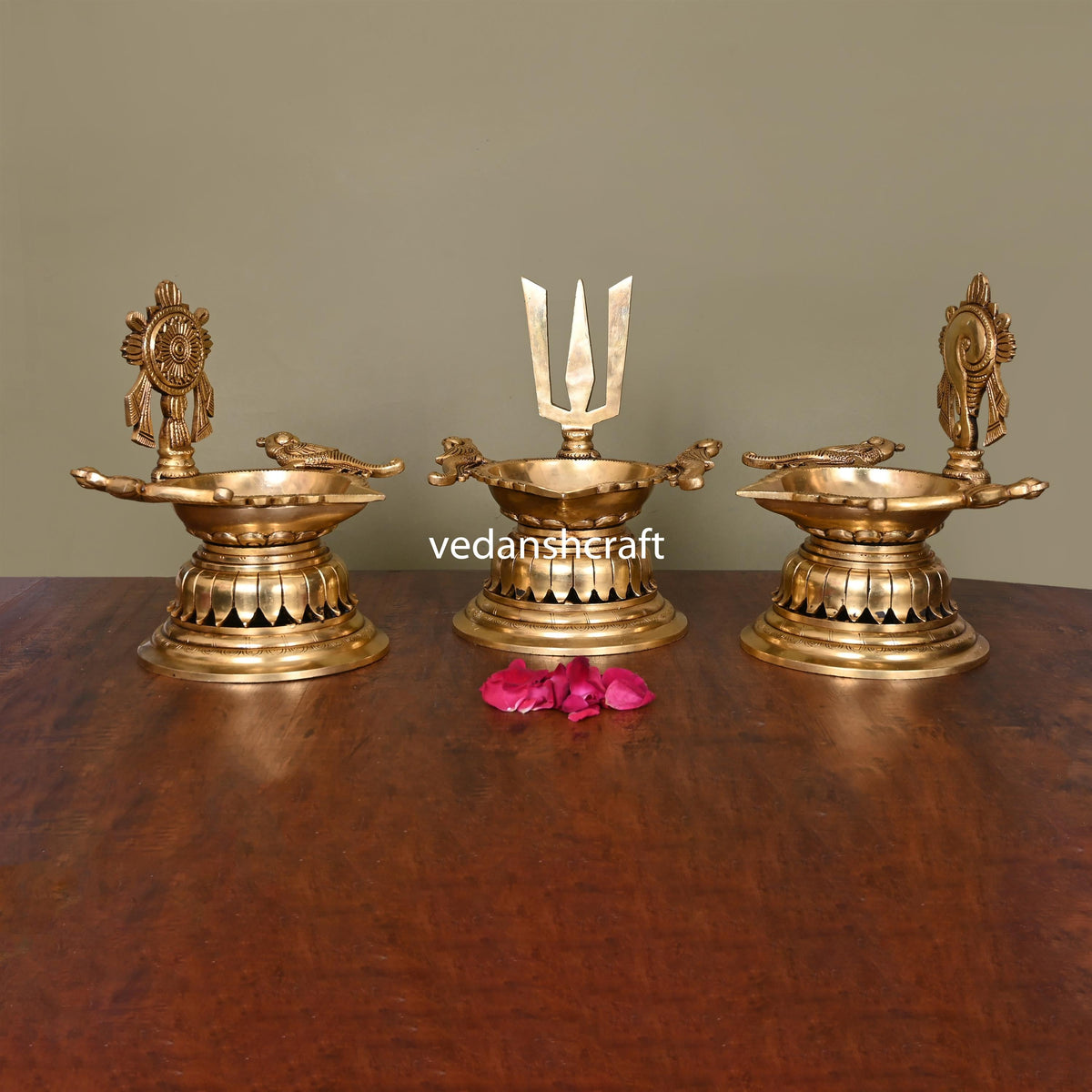 Brass Superfine Shankh Chakra And Namah Diya Set (9.5 Inch) Vedansh Craft