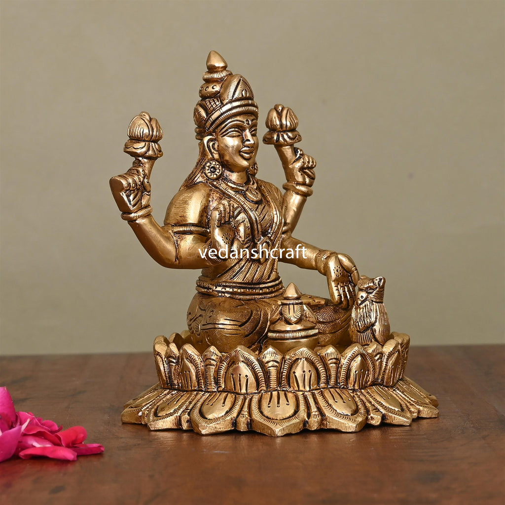Brass Superfine Lotus Goddess Sitting Lakshmi Idol (5.5 Inch) Vedansh Craft