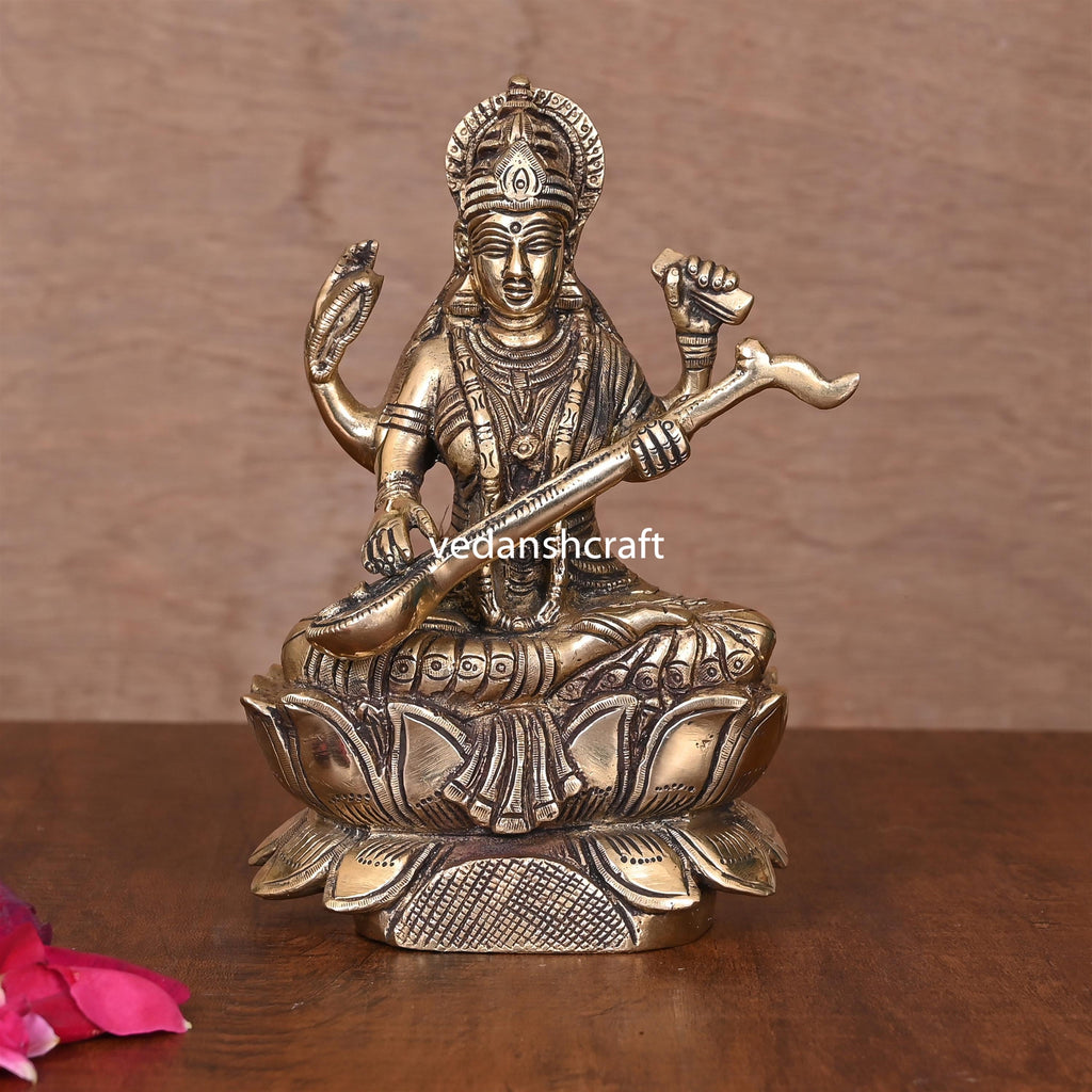 Brass Goddess Sitting Saraswati On Lotus (6.8") Vedansh Craft
