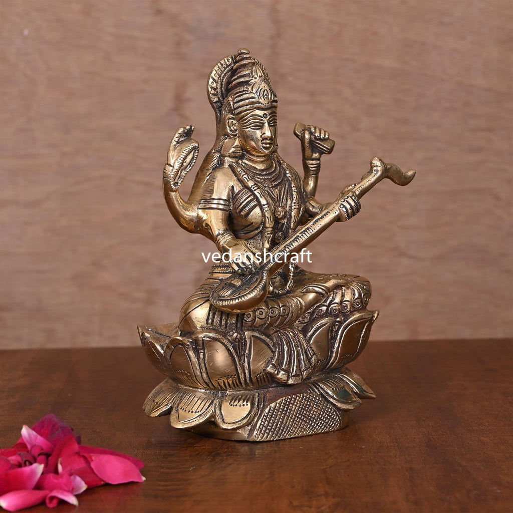 Brass Goddess Sitting Saraswati On Lotus (6.8") Vedansh Craft