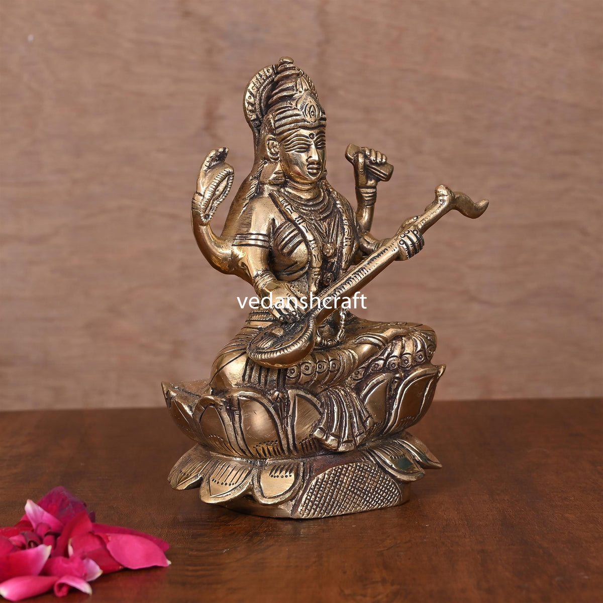 Brass Goddess Sitting Saraswati On Lotus (6.8") Vedansh Craft
