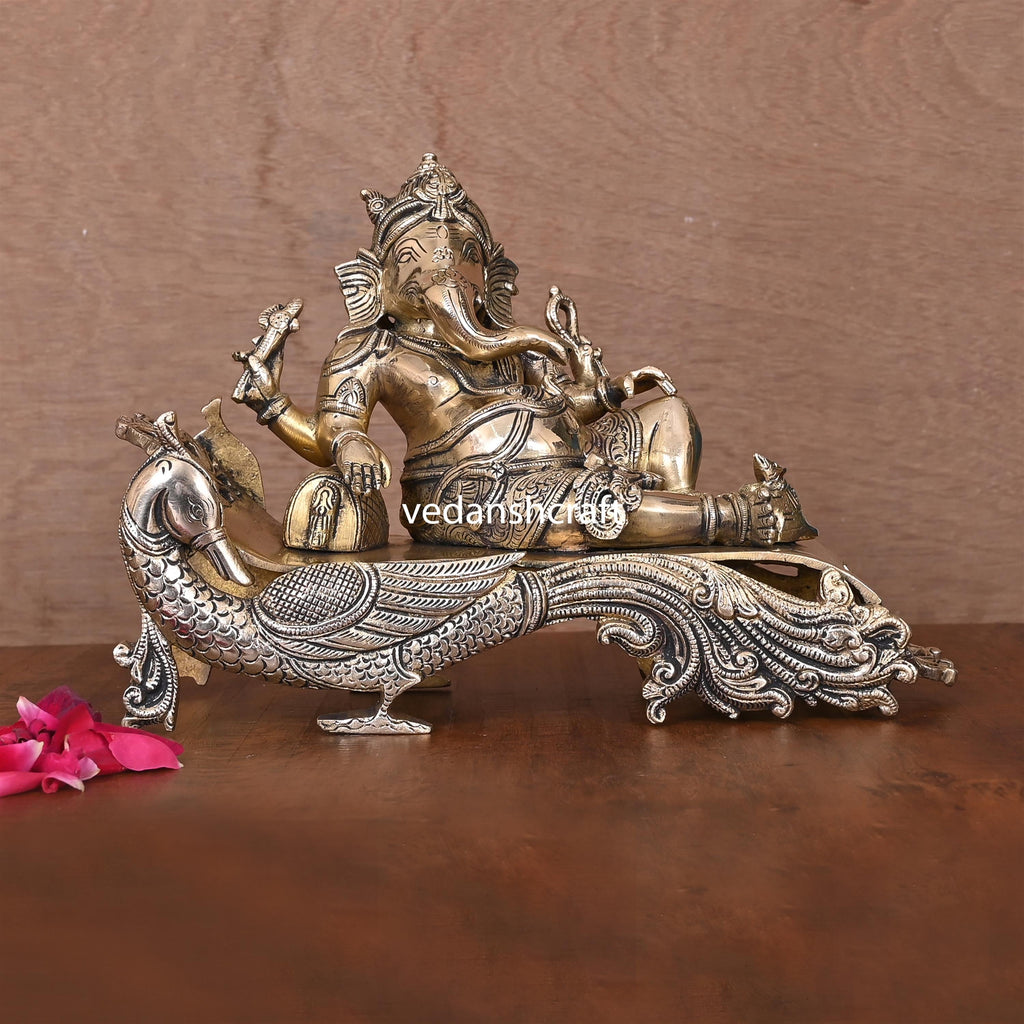 Brass Ganesha Resting On Peacock Couch (7.7 Inch) Vedansh Craft