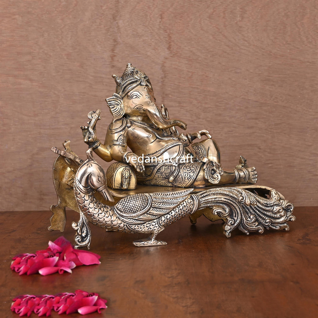 Brass Ganesha Resting On Peacock Couch (7.7 Inch) Vedansh Craft